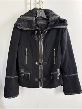 RUDSAK Black Wool Leather-Trim Fur Collar Jacket L
